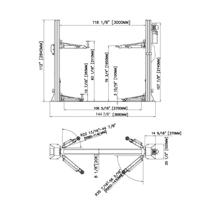 Stratus Extra Wide 10k lbs Single Point Manual Release 2-Post Lift SAE-F10X, alamoequipment.com
