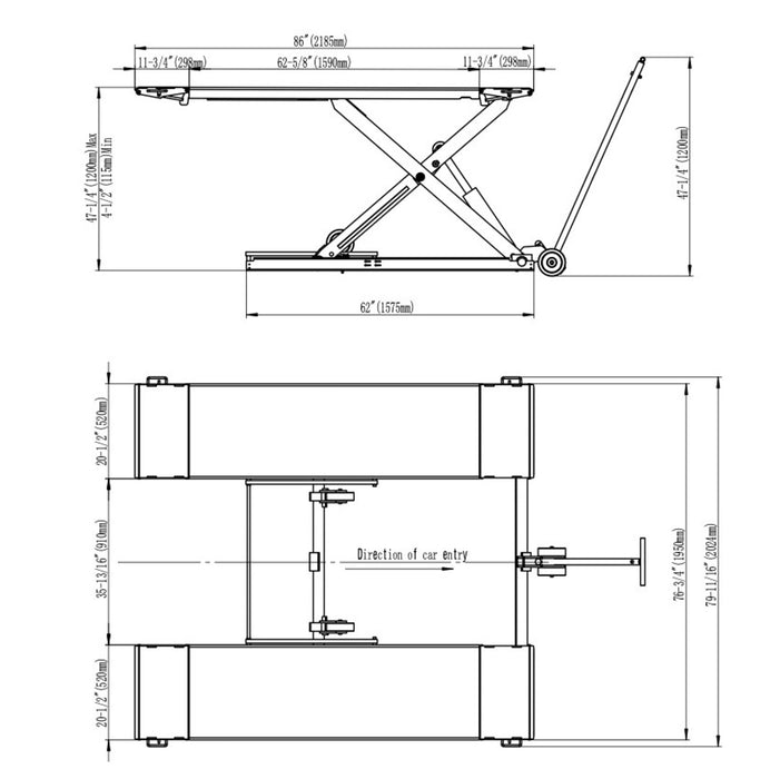Stratus Extra Wide & Tall 9k lbs Scissor Car Lift, SAE-MS9000XT drawing, alamoeequipment.com