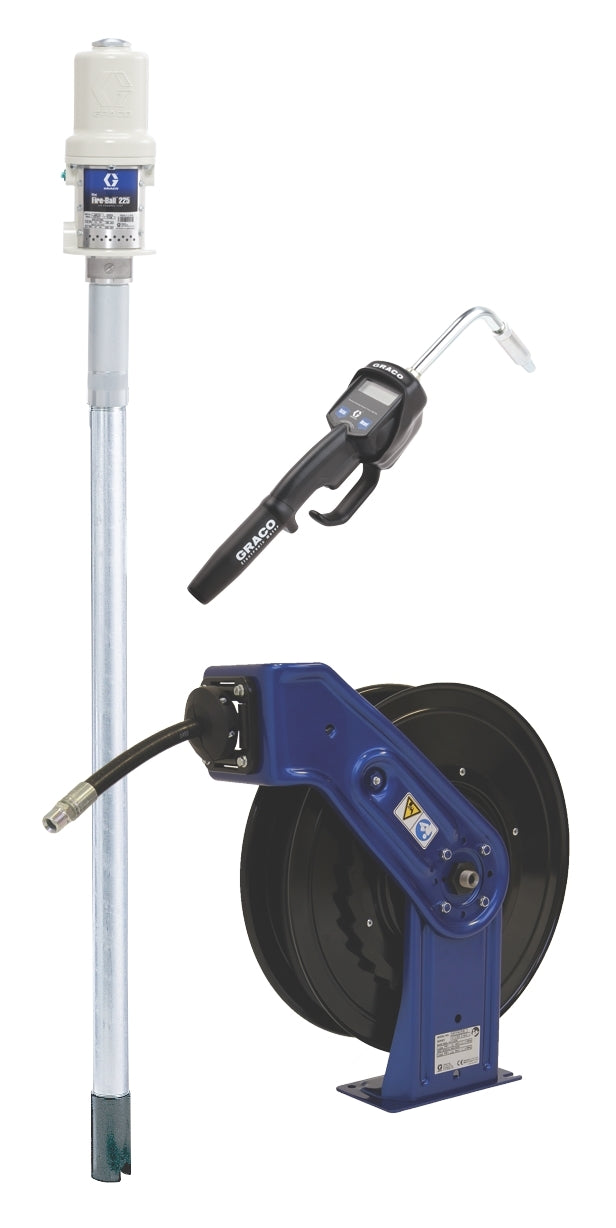 Graco Mini Fire-Ball 225 3:1 oil dispensing package with 50 ft hose reel #248623, AlamoEquipment.com