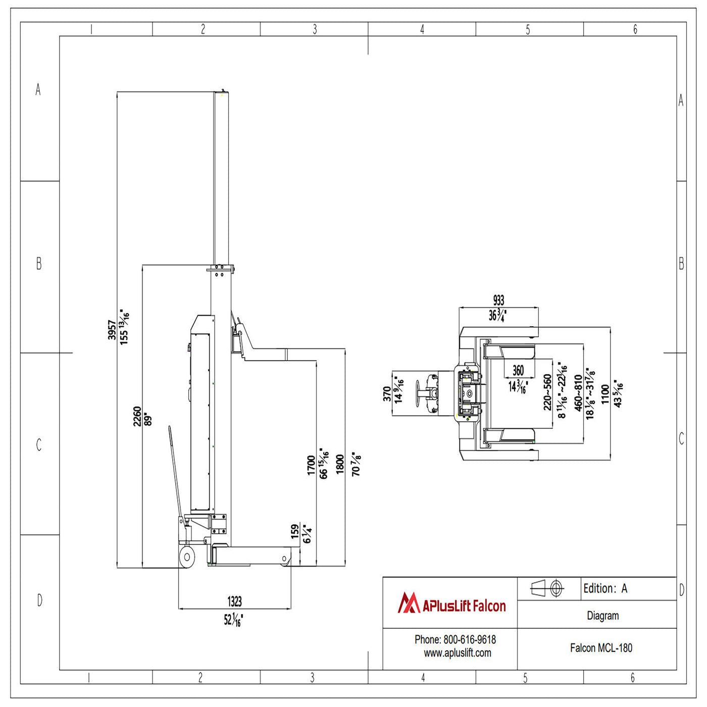 APlusLift Falcon 1800lb Mobile Column Lift #MCL-180, alamoequipment.com