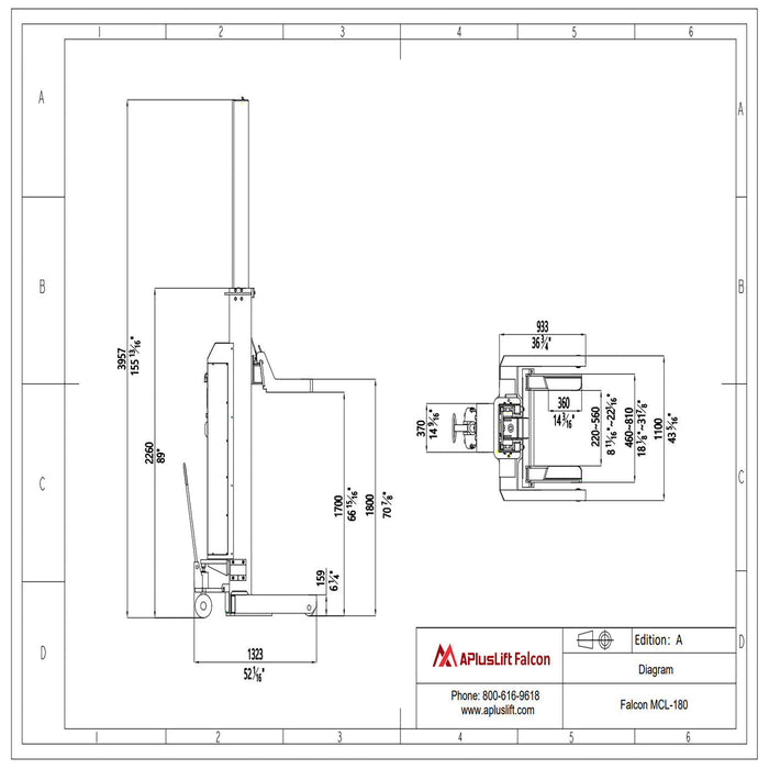 APlusLift Falcon 1800lb Mobile Column Lift #MCL-180, alamoequipment.com