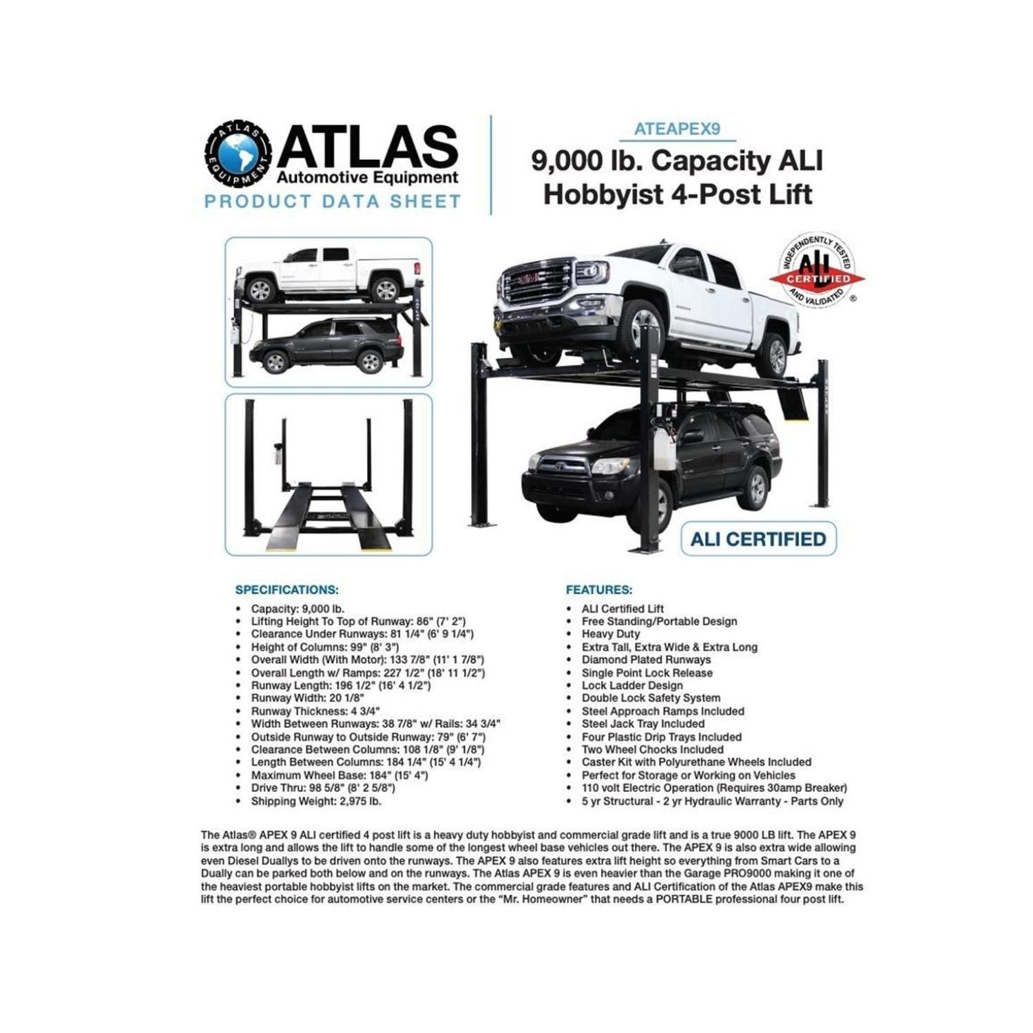 Atlas APEX 9,000 lb Certified 4-Post Hobbyist Lift, AlamoEquipment.com