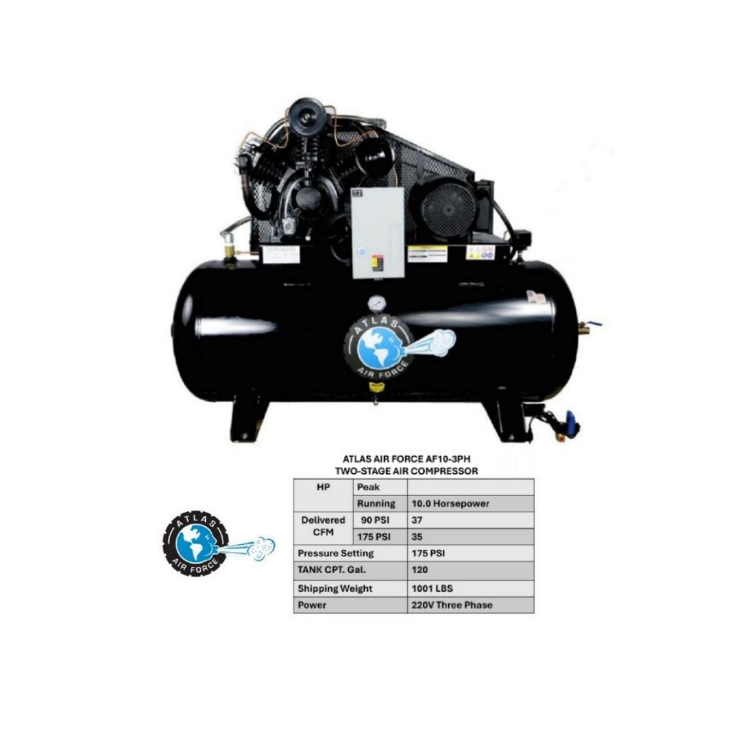 Atlas AF10 10HP 120 Gallon Horizontal Air Compressor (3 Phase) #ATEMPAF10-3PH, AlamoEquipment.com