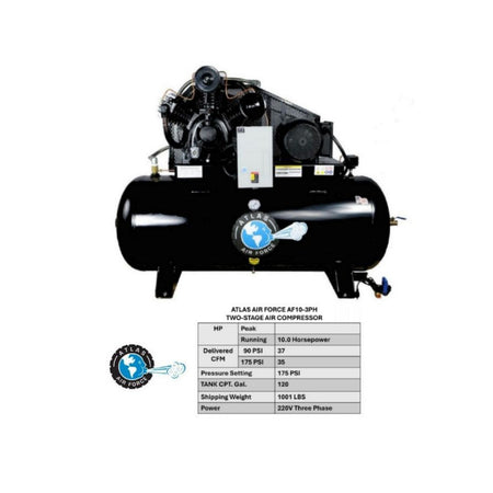 Atlas AF10 10HP 120 Gallon Horizontal Air Compressor (3 Phase) #ATEMPAF10-3PH, AlamoEquipment.com