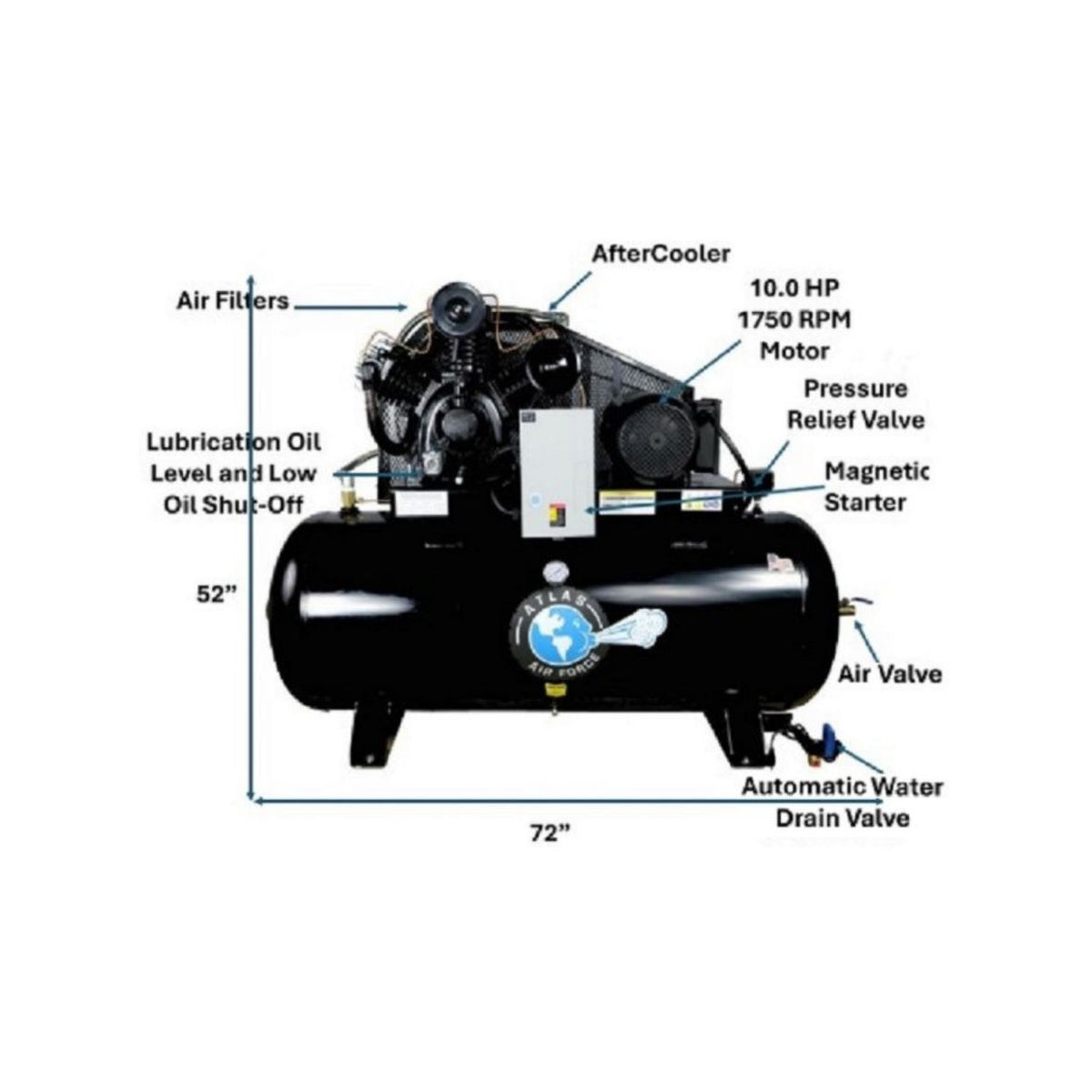 Atlas AF10 10HP 120 Gallon Horizontal Air Compressor (3 Phase) #ATEMPAF10-3PH, AlamoEquipment.com