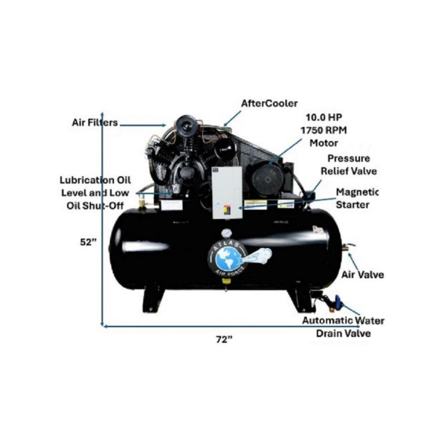 Atlas AF10 10HP 120 Gallon Horizontal Air Compressor (3 Phase) #ATEMPAF10-3PH, AlamoEquipment.com