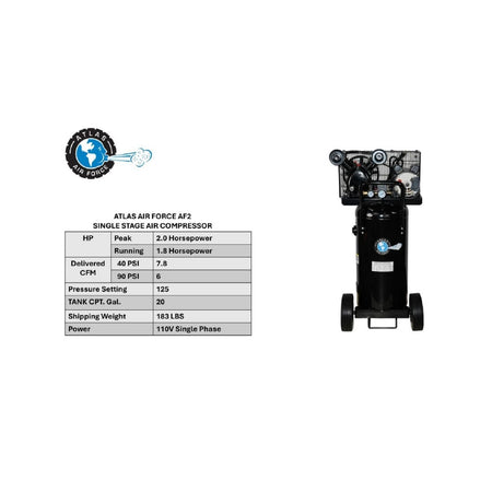 Atlas AF2 20 Gallon Vertical Portable Air Compressor #ATEMPAF2-FPD, AlamoEquipment.com