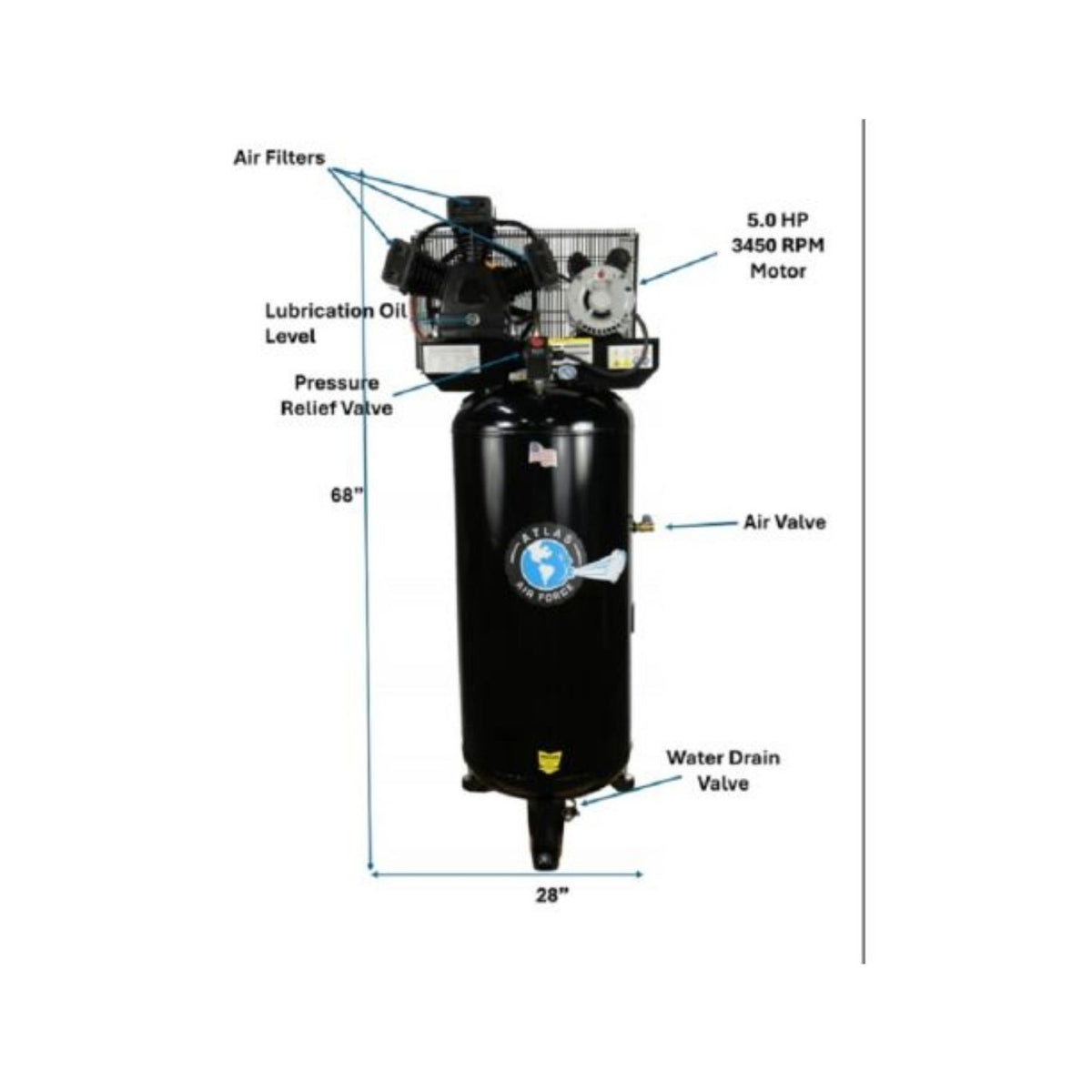 Atlas AF5 5HP 60 Gallon Vertical Air Compressor #ATEMPAF5-FPD, AlamoEquipment.com