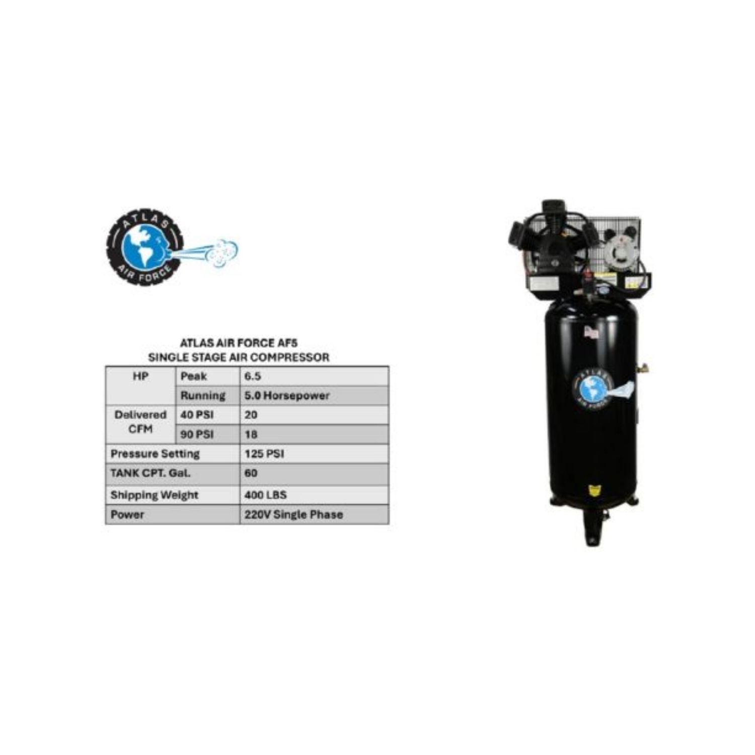 Atlas AF5 5HP 60 Gallon Vertical Air Compressor #ATEMPAF5-FPD, AlamoEquipment.com