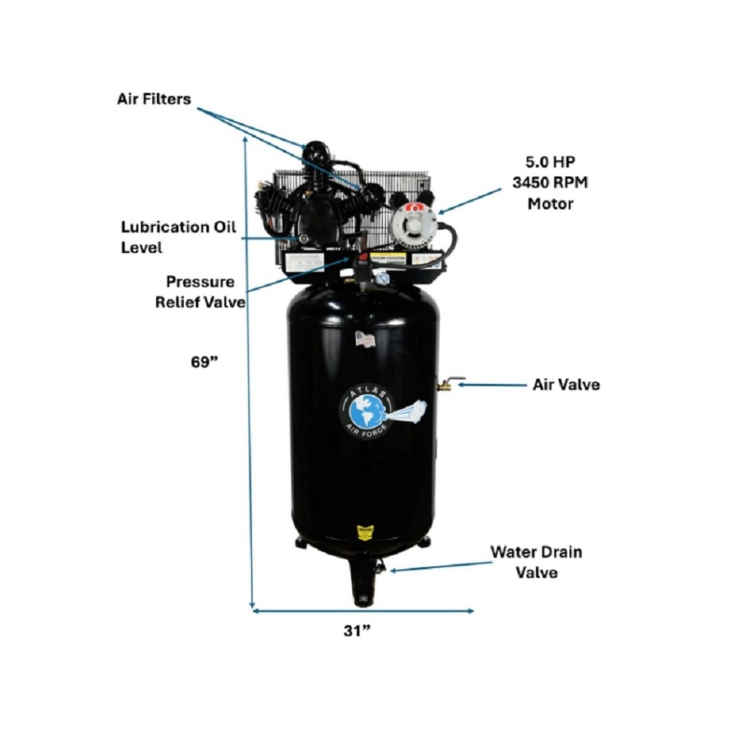 Atlas AF6 5HP 80 Gallon Vertical Air Compressor (No Magnetic Starter) #ATEMPAF6-FPD, AlamoEquipment.com