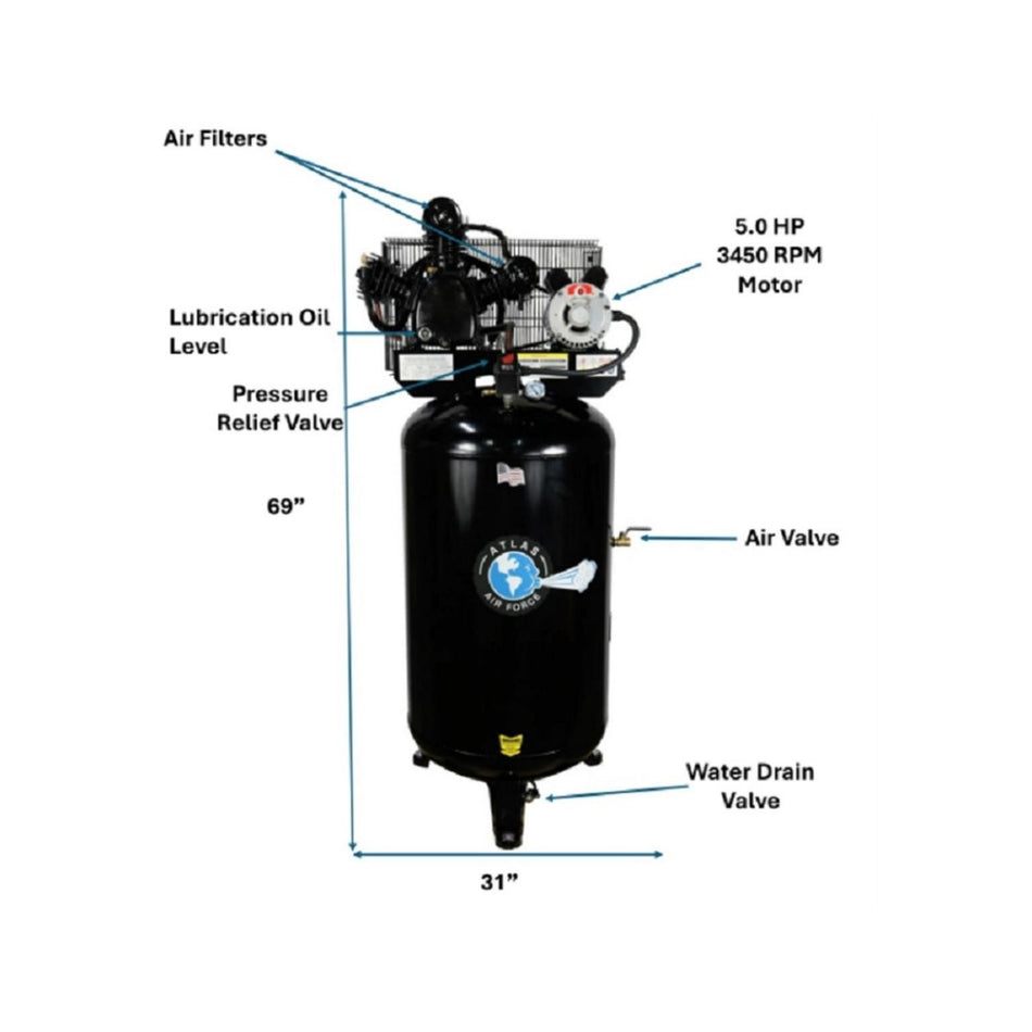 Atlas AF6 5HP 80 Gallon Vertical Air Compressor (No Magnetic Starter) #ATEMPAF6-FPD, AlamoEquipment.com