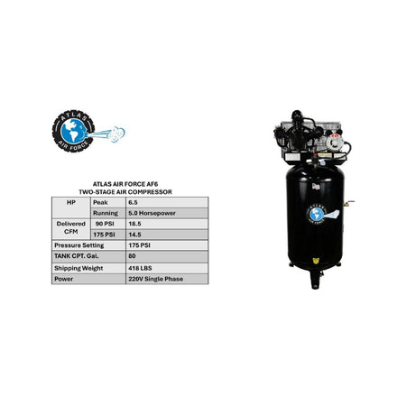 Atlas AF6 5HP 80 Gallon Vertical Air Compressor (No Magnetic Starter) #ATEMPAF6-FPD, AlamoEquipment.com
