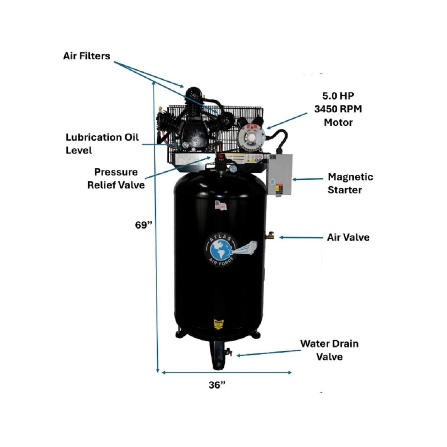 Atlas AF7 5HP 80 Gallon Vertical Air Compressor w/ Magnetic Starter #ATEMPAF7-FPD, AlamoEquipment.com