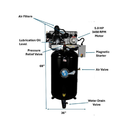Atlas AF7 5HP 80 Gallon Vertical Air Compressor w/ Magnetic Starter #ATEMPAF7-FPD, AlamoEquipment.com
