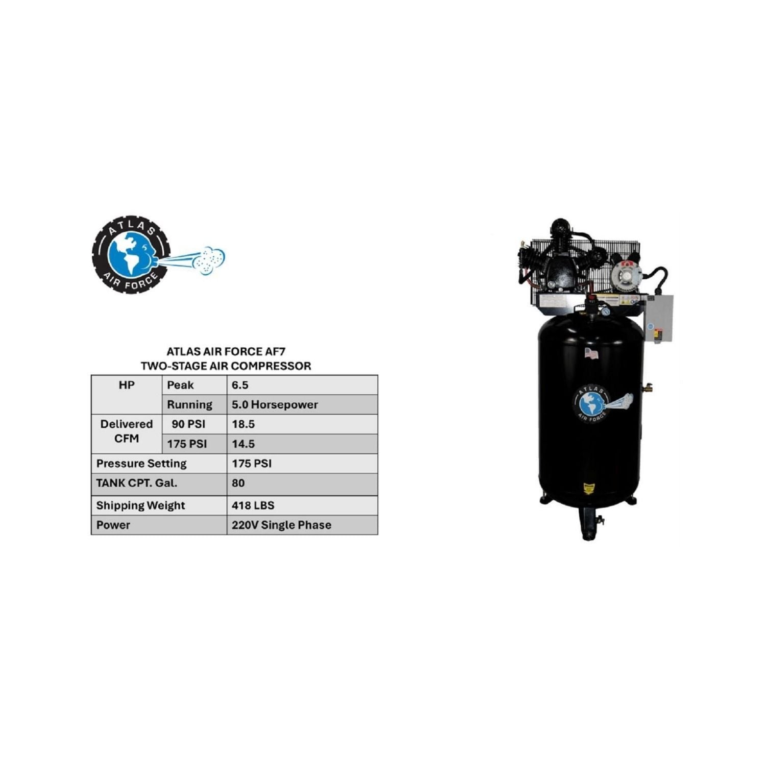 Atlas AF7 5HP 80 Gallon Vertical Air Compressor w/ Magnetic Starter #ATEMPAF7-FPD, AlamoEquipment.com
