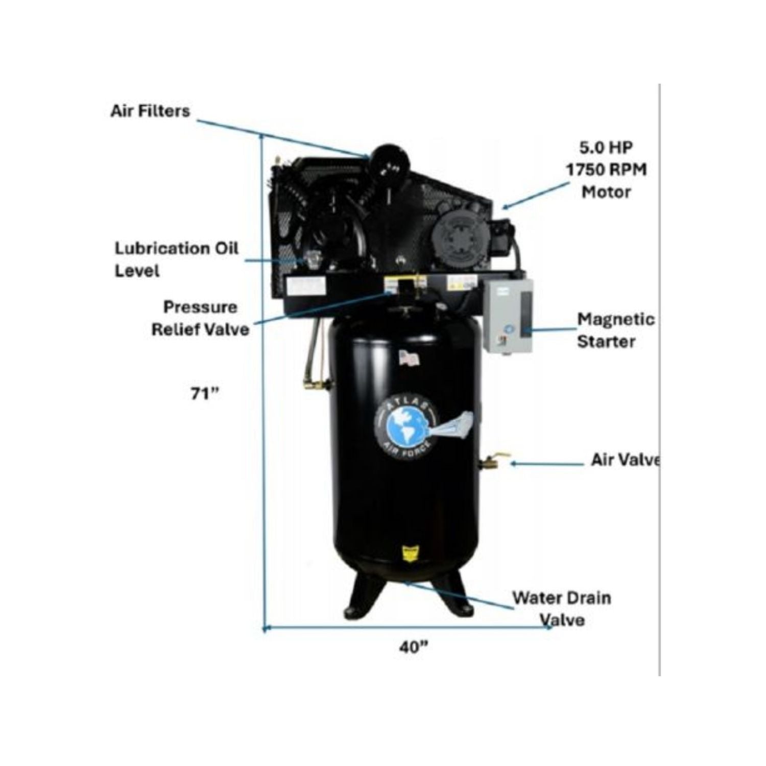 Atlas AF8 5HP 80 Gallon Commercial Air Compressor #ATEMPAF8-FPD, AlamoEquipment.com