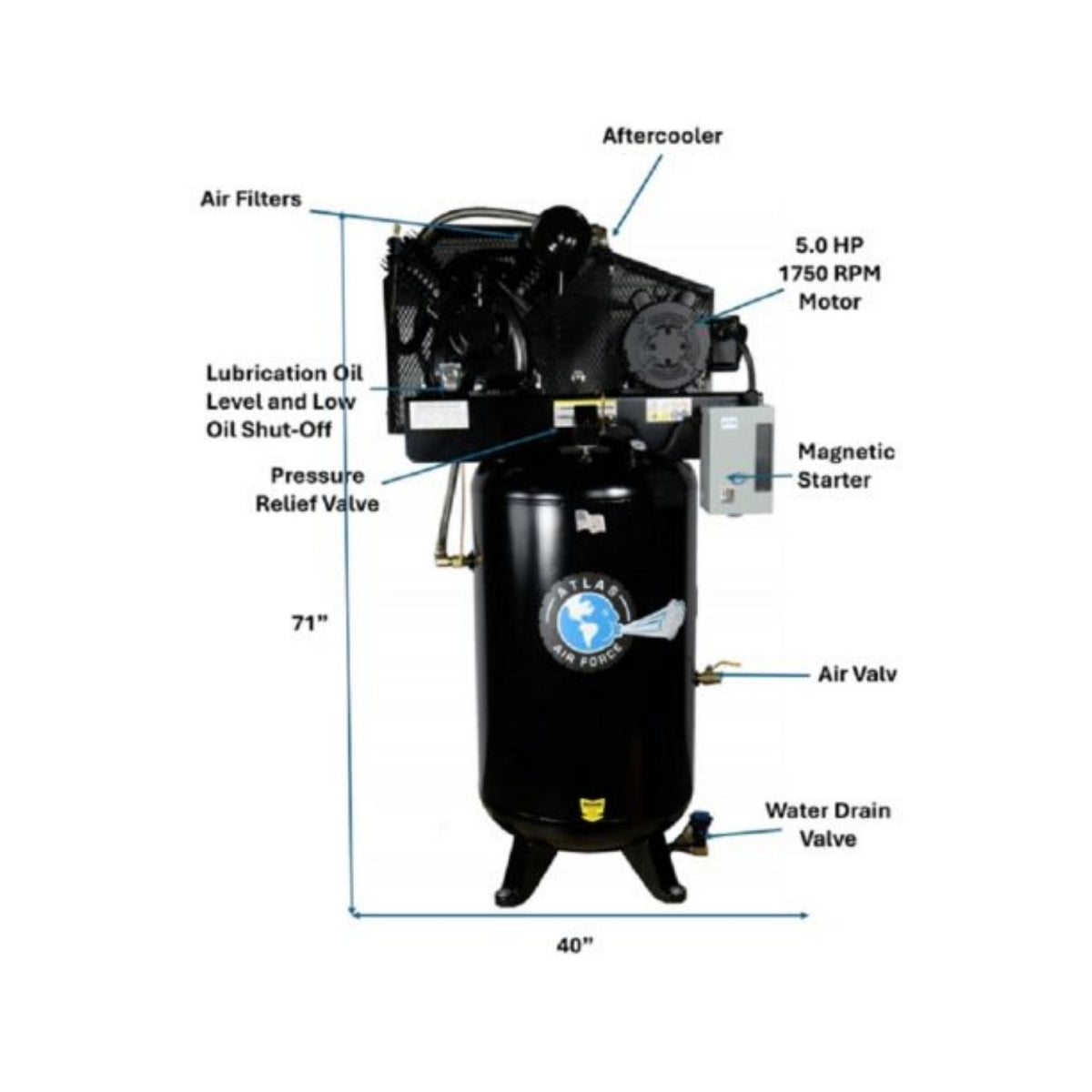 Atlas AF8P 5HP 80 Gallon Air Compressor w/ Plus Package #ATEMPAF8P-FPD, AlamoEquipment.com