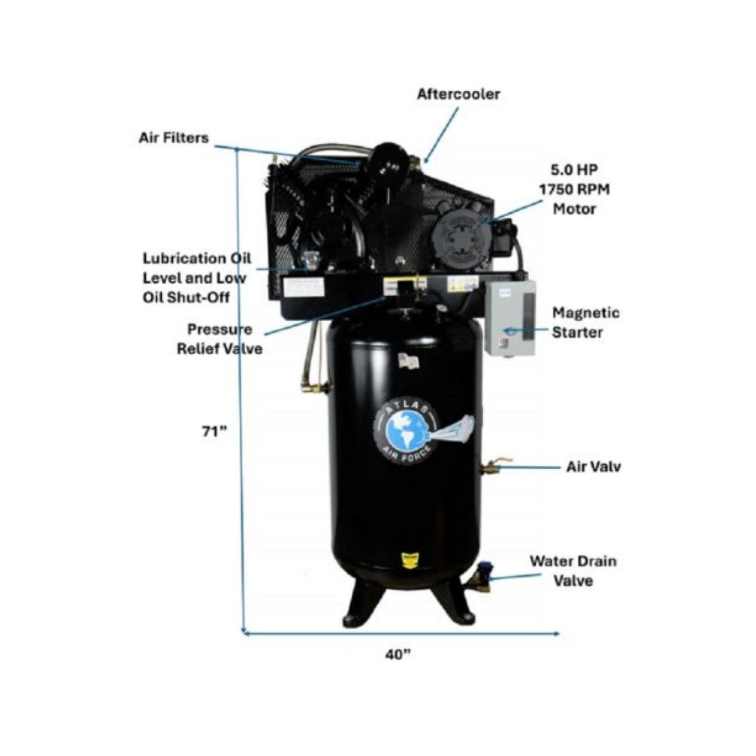 Atlas AF8P 5HP 80 Gallon Air Compressor w/ Plus Package #ATEMPAF8P-FPD, AlamoEquipment.com