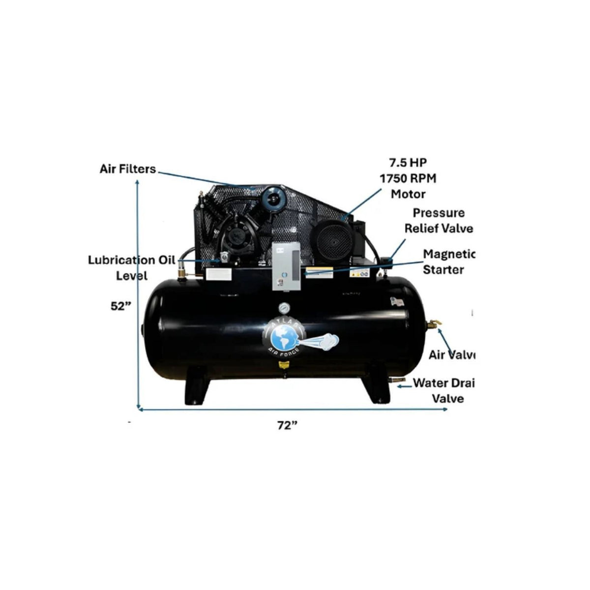 Atlas AF9-120H 7.5HP 120 Gallon Horizontal Air Compressor #ATEMPAF9-120H, AlamoEquipment.com