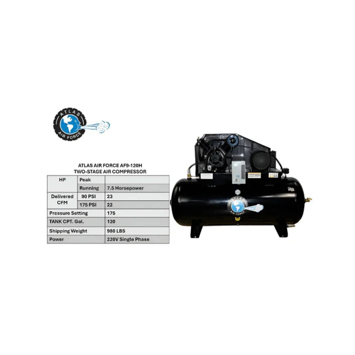 Atlas AF9-120H 7.5HP 120 Gallon Horizontal Air Compressor #ATEMPAF9-120H, AlamoEquipment.com