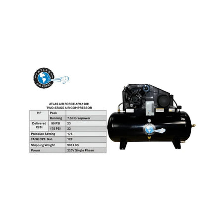 Atlas AF9-120H 7.5HP 120 Gallon Horizontal Air Compressor #ATEMPAF9-120H, AlamoEquipment.com
