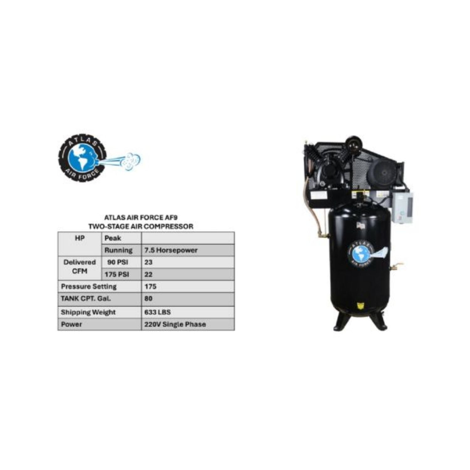 Atlas AF9 7.5HP 80 Gallon Commercial Air Compressor #ATEMPAF9-FPD, AlamoEquipment.com