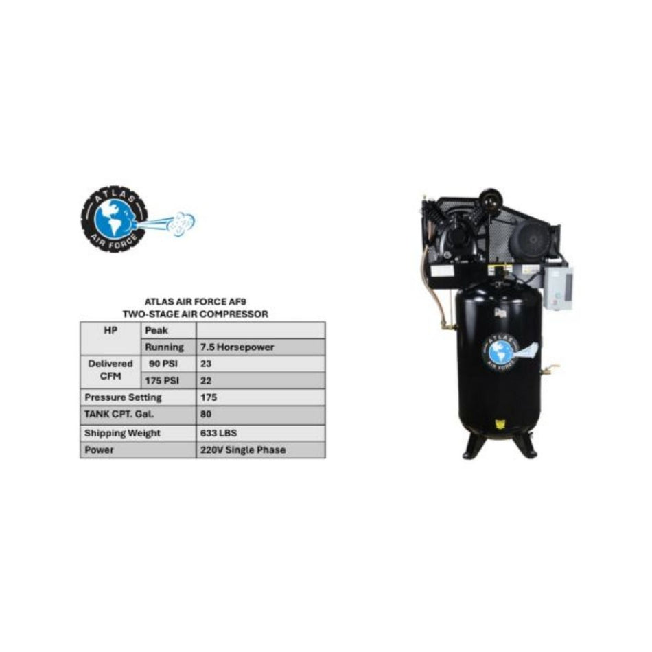 Atlas AF9 7.5HP 80 Gallon Commercial Air Compressor #ATEMPAF9-FPD, AlamoEquipment.com