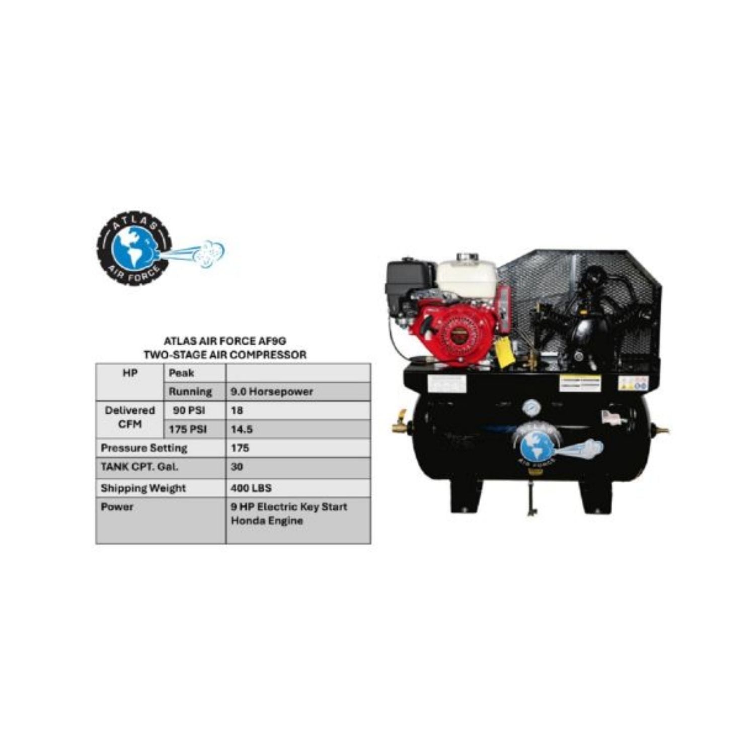 Atlas AF9G 9HP Gas Air Compressor w/ Honda Engine #ATEMPAF9G-FPD, AlamoEquipment.com