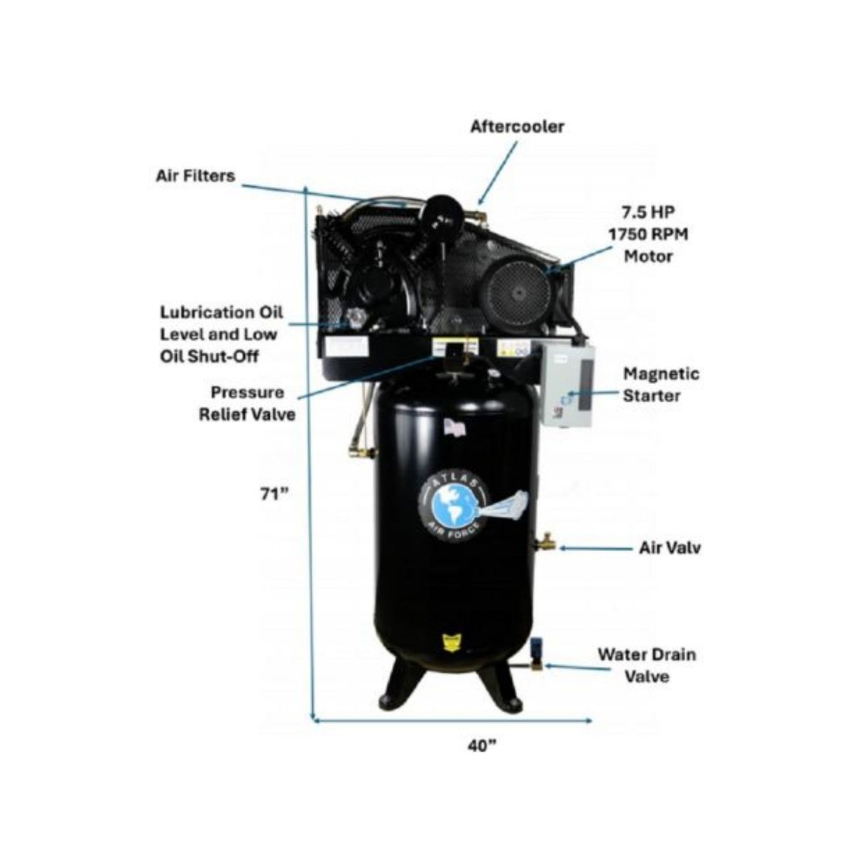 Atlas AF9P 7.5HP 80 Gallon Commercial Air Compressor w/ Plus Package #ATEMPAF9P-FPD, AlamoEquipment.com