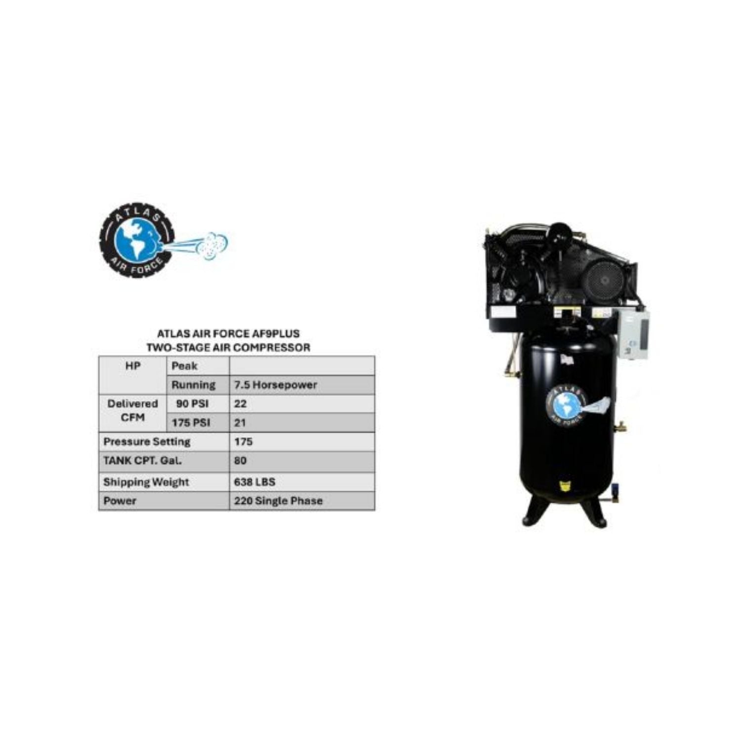 Atlas AF9P 7.5HP 80 Gallon Commercial Air Compressor w/ Plus Package #ATEMPAF9P-FPD, AlamoEquipment.com