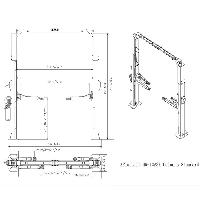APlusLift 10,000LB 2-Post Overhead Symmetrical, Asymmetrical Single Release Car Lift #HW-10ASY, alamoequipment.com
