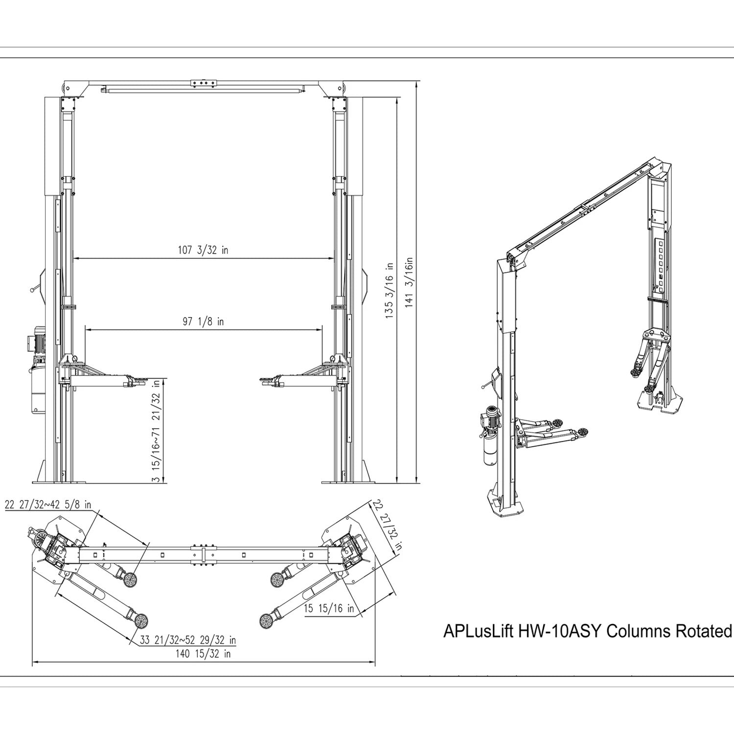 APlusLift 10,000LB 2-Post Overhead Symmetrical, Asymmetrical Single Release Car Lift #HW-10ASY, alamoequipment.com