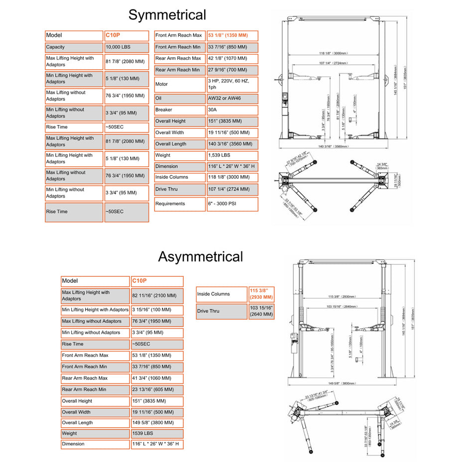 Stratus Pro Asymmetric & Symmetric 10k lbs 2-Post Lift SAE-C10P, alamoequipment.com