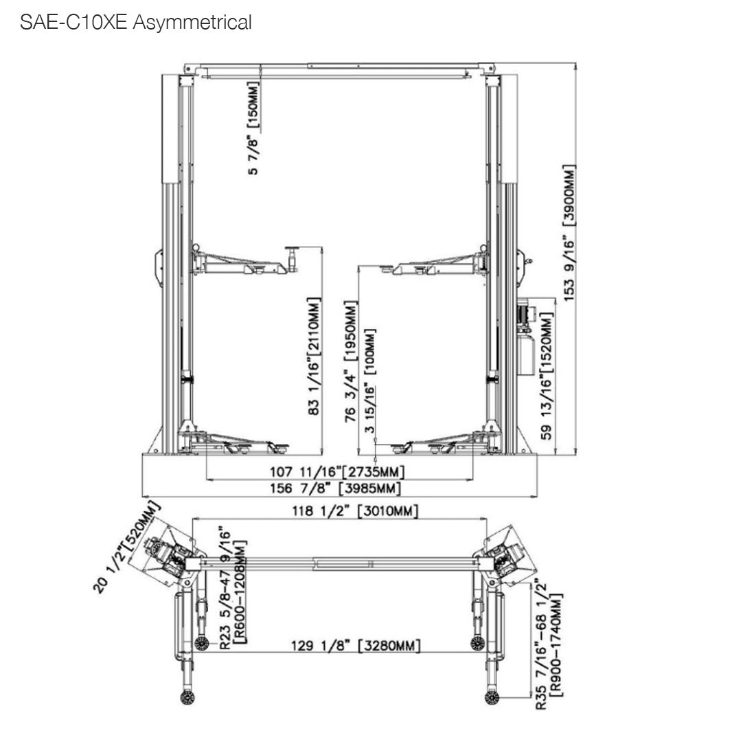 Stratus X-Wide Asymmetric & Symmetric 2-in-1, 10k lbs 2-Post Lift SAE-C10XE, alamoequipment.com