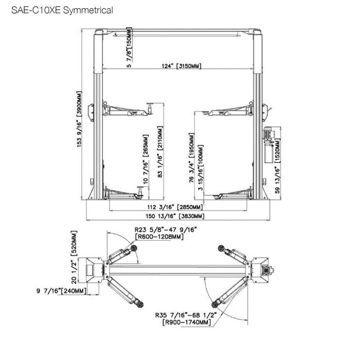 Stratus X-Wide Asymmetric & Symmetric 2-in-1, 10k lbs 2-Post Lift SAE-C10XE, alamoequipment.com