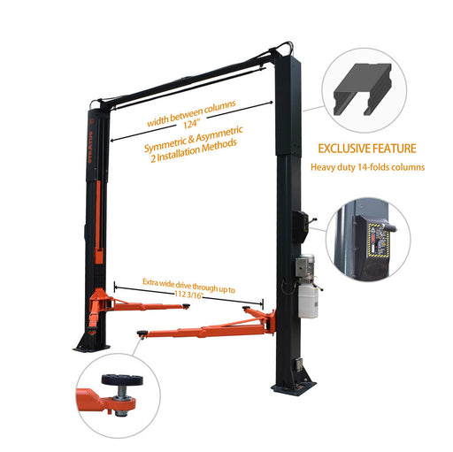 Stratus X-Wide Asymmetric & Symmetric 10k lbs 2-Post Lift SAE-C10X, alamoequpment.com