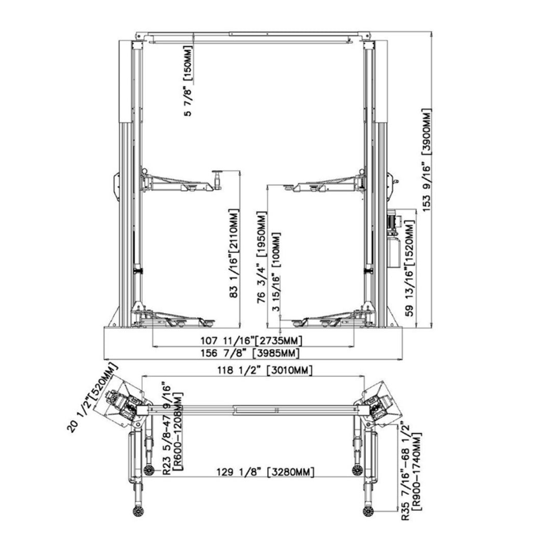 Stratus X-Wide Asymmetric & Symmetric 10k lbs 2-Post Lift SAE-C10X, alamoequpment.com