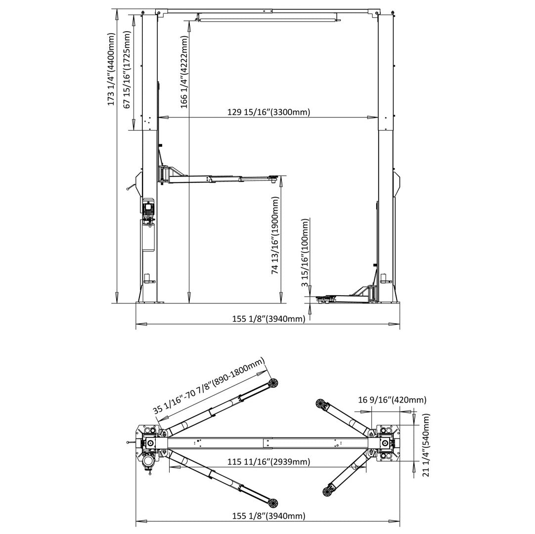 Stratus Clear Floor 12k lbs Single Point Manual Release 2-Post Lift SAE-C12X, alamoequipment.com