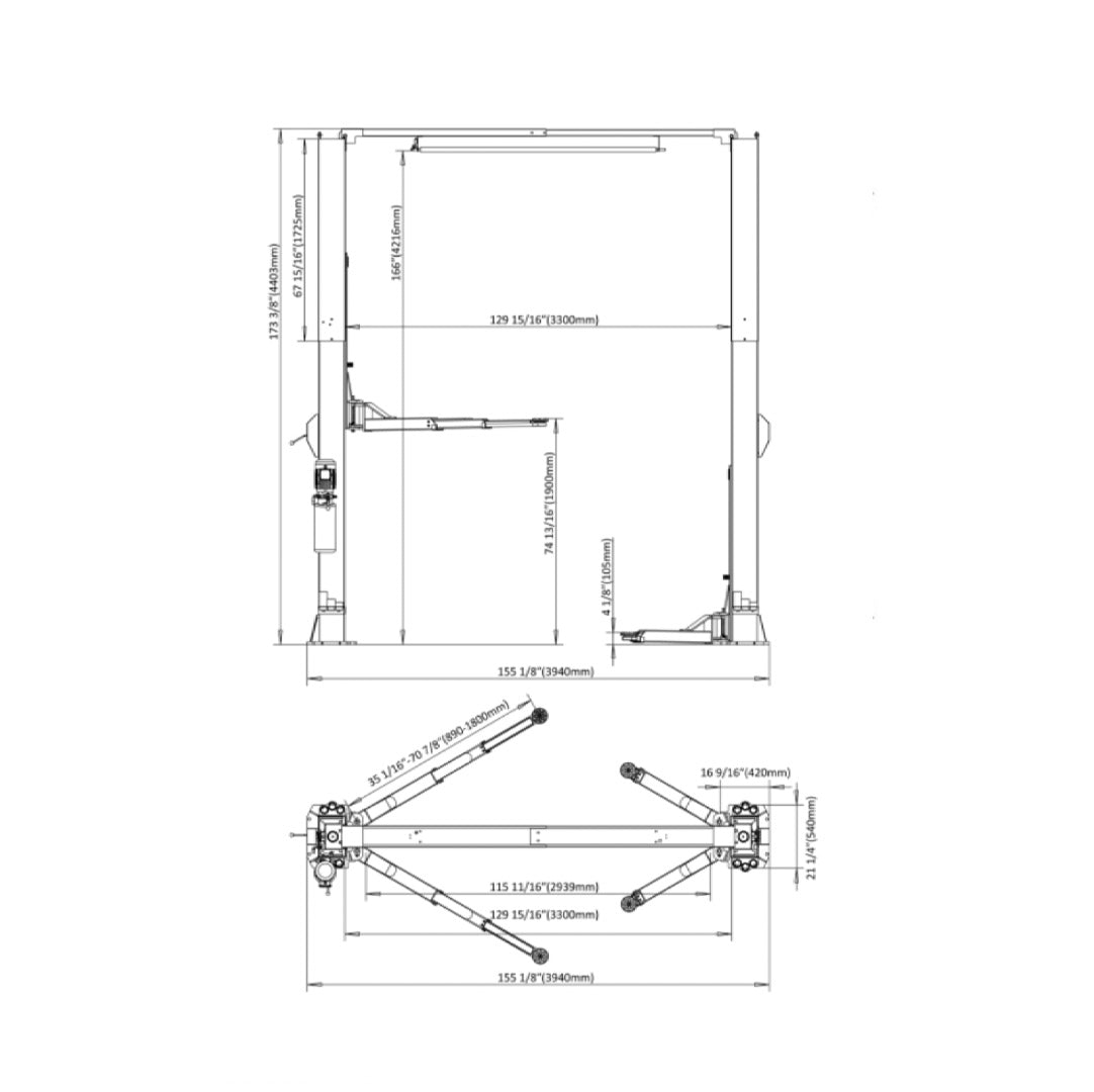 Stratus Clear Floor 14k lbs Single Point Manual Release 2-Post Lift SAE-C14X, alamoequipment.com