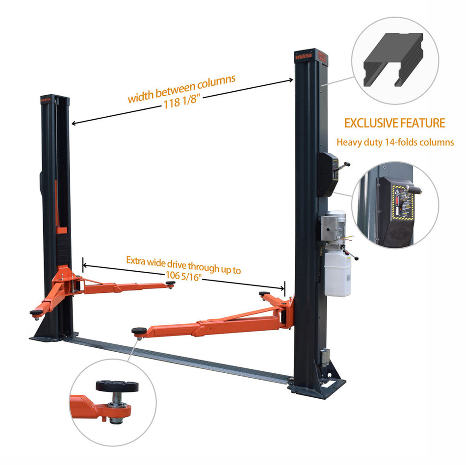 Stratus Extra Wide 10k lbs Single Point Manual Release 2-Post Lift SAE-F10X, alamoequipment.com