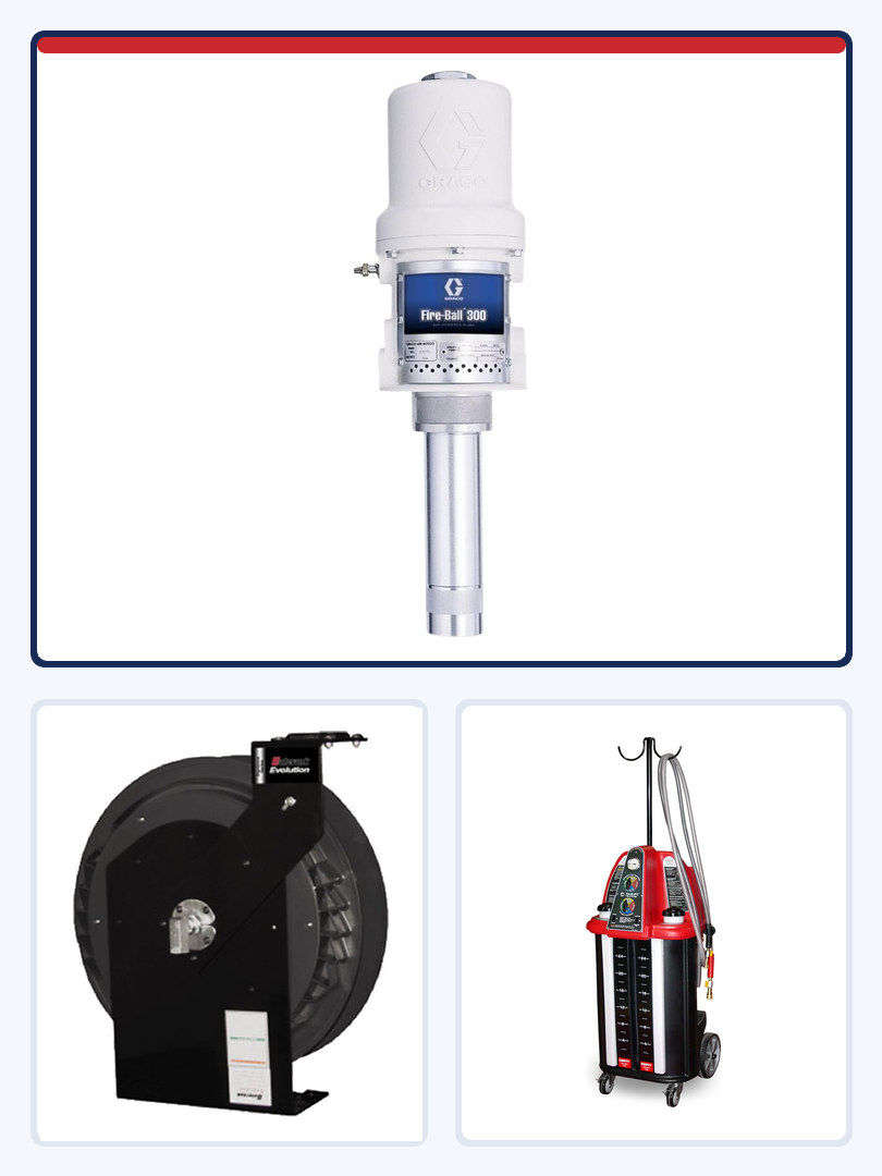 Graco Fire-Ball 300 oil pump with down tube, Balcrank Evolution hose reel, and Flo-Dynamics C-VAC3 coolant service machine