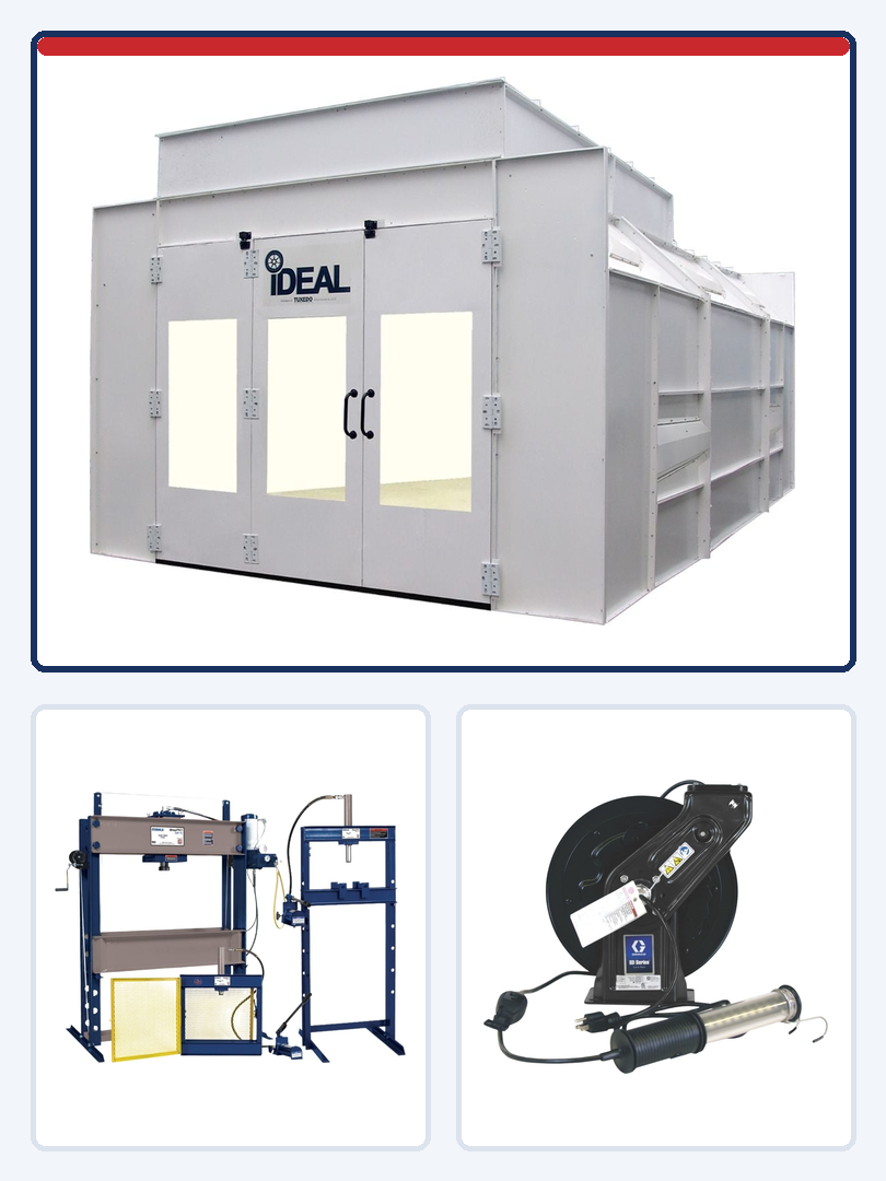iDEAL paint booth, MAHLE ShopPRO hydraulic press, and Graco LED light reel
